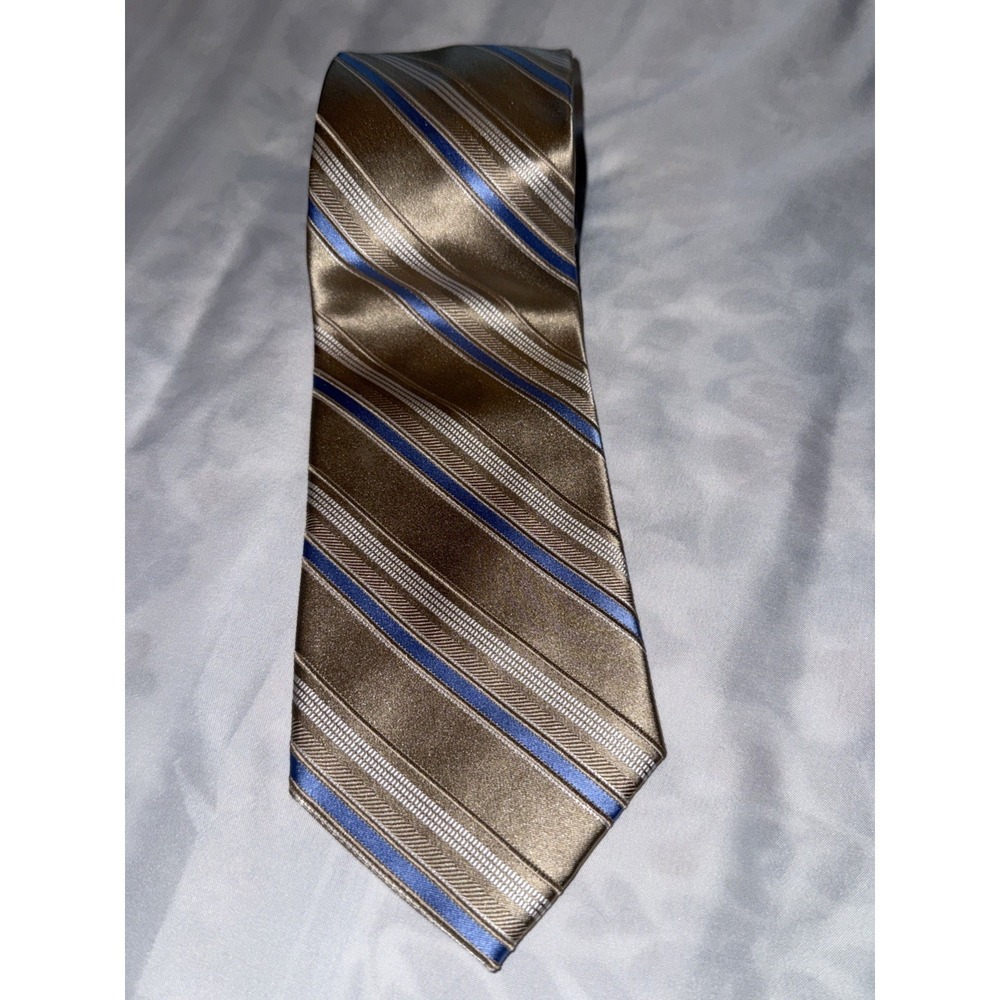 Michael Kors 100% Silk Mens Tie - Tan/Brown/Lite Blue Stripe - Executive